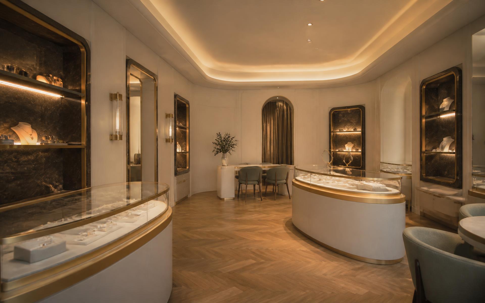 The Shinka salon: curved cream lacquer vitrines with brushed gold trim, herringbone parquet and warm cove lighting