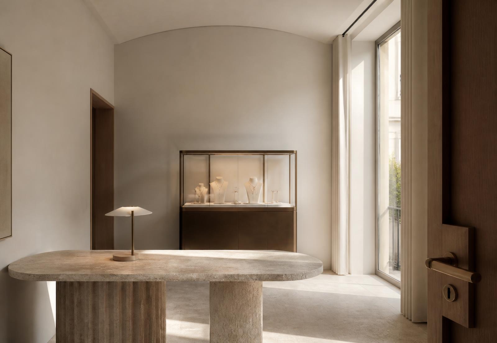 A quiet private salon with travertine surfaces and a single vitrine